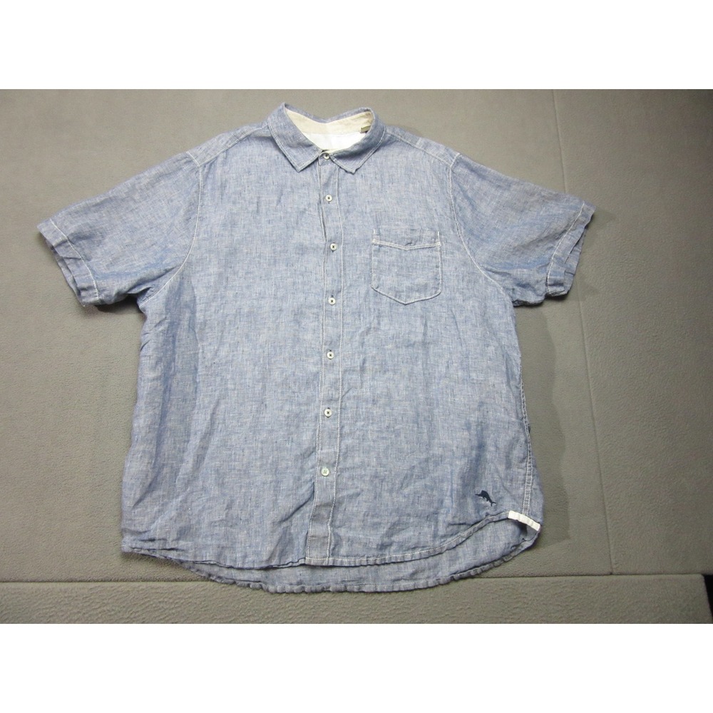 Tommy Bahama Shirt Mens XL Blue Linen Short Sleeve Marlin Beach Vacation Cruise